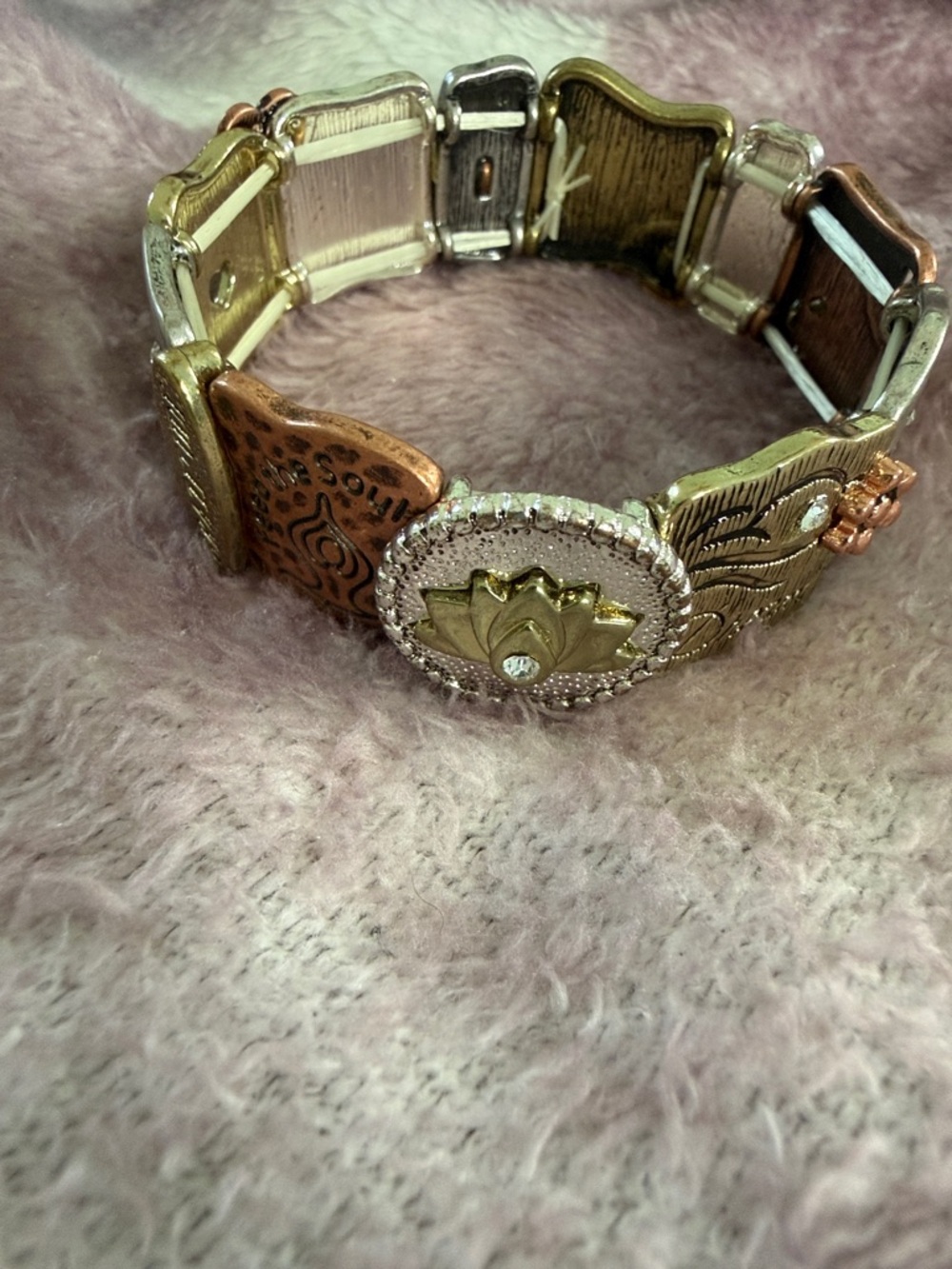 Vintage Mixed Metal Lotus Stretch Bracelet - Women Jewelry